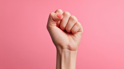 A hand with a closed fist is prominently displayed against a pink background, symbolizing strength and unity in the fight for feminism and gender equality at a protest for women's rights.