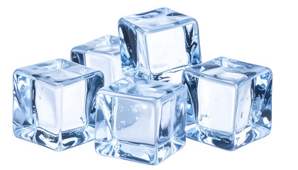 Realistic transparent ice cubes with detailed reflections and refractions, isolated on a transparent background (PNG format)