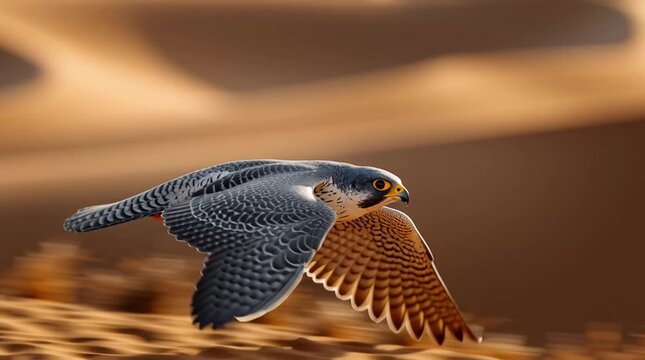 Peregrine Falcon in Fast Flight Over Desert Dunes