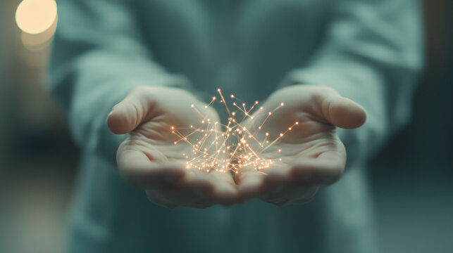 Glowing digital network held in human hands, soft focus