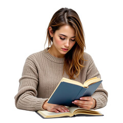 Reading woman in cozy sweater indoor setting focused on book casual environment intellectual pursuit