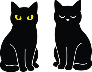 Vector cad illustration of spooky black cats with glowing yellow eyes, horror Halloween cartoon, scary feline icon with curled tail