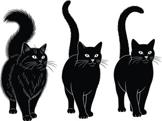 Fototapeta premium Cad drawing flat vector illustration, three standing black cats silhouette, raised tails feline icon, minimal pet artwork, animal pose design