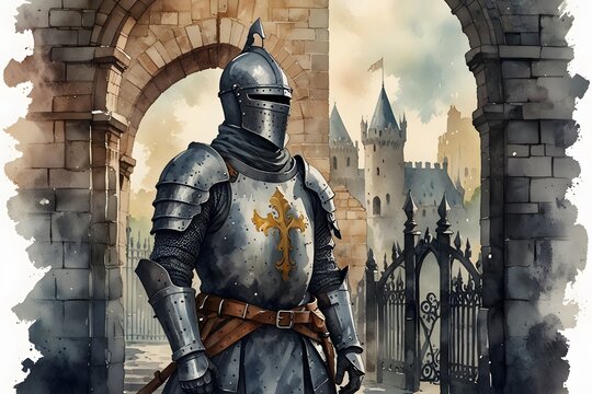 A knight in full armor standing guard at castle gates in watercolor style