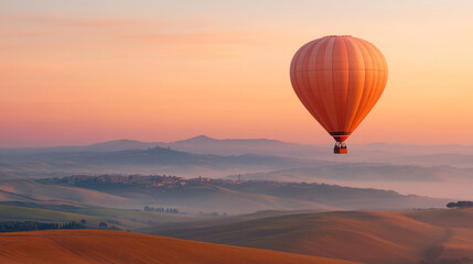 Obraz premium Orange hot air balloon flying over scenic countryside