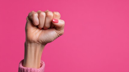 A hand with a closed fist is prominently displayed against a pink background, symbolizing strength and unity in the fight for feminism and gender equality at a protest for women's rights.