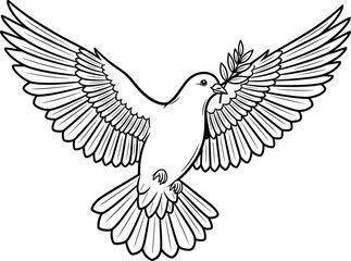 Peace dove with olive branch flying in air, symbolic black and white cartoon vector, clean line sketch for themed illustration