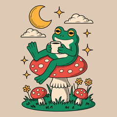 Relaxed Frog Enjoying Coffee on a Mushroom at Night