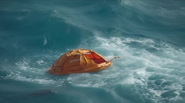 Emergency inflatable life raft floating on a rough, choppy sea during a rescue operation, providing a vital lifeline for survival in maritime emergencies