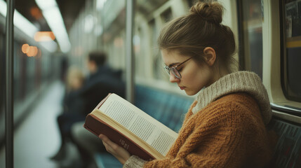 Young woman reading a book alone in subway train seat