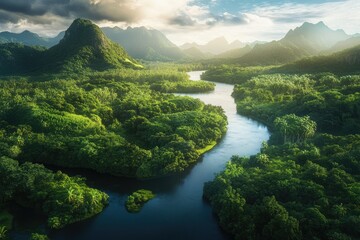 Fototapeta premium Lush river winding through a verdant valley, sunlight filtering through clouds