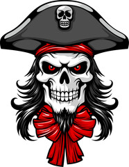 Pirate captain skull mascot with black tricorn hat and red bandana, vector tattoo or t shirt print. Cartoon scary skeleton skull face of pirate corsair ship captain mascot with spooky smile and beard