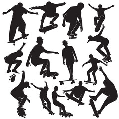 Illustration vector graphics of A set skate player silhouette in dynamic various poses perfect for,Clipart,stickers, sports themed, logo, icon, mascot, decorations,etc