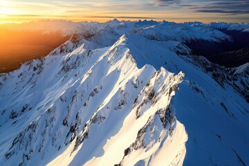 Snowy mountain peaks at sunset.  Aerial view of jagged ridges, covered in pristine snow, bathed in golden sunlight.  Vast mountain range extends into horizon.  Dramatic clouds