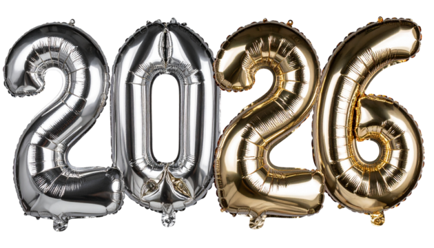 2026 Happy New Year mylar helium balloons in shiny metallic colors, isolated on a transparent background (PNG format)