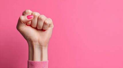 A hand with a closed fist is prominently displayed against a pink background, symbolizing strength and unity in the fight for feminism and gender equality at a protest for women's rights.