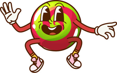 Cartoon groovy Halloween candy character with hippie sneakers. Vector funny toffee for kids trick or treat party. Isolated holiday pastry dessert, snack retro personage, confectionery caramel jumping