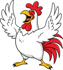 Funny cartoon rooster mascot crowing loudly, vibrant white chicken character with open wings, red comb and tail, CAD-style vector art