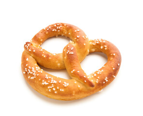 Tasty salted pretzel on white background