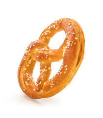 Tasty salted pretzel on white background