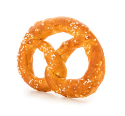 Fresh salted pretzel on white background