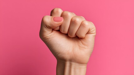 A hand with a closed fist is prominently displayed against a pink background, symbolizing strength and unity in the fight for feminism and gender equality at a protest for women's rights.