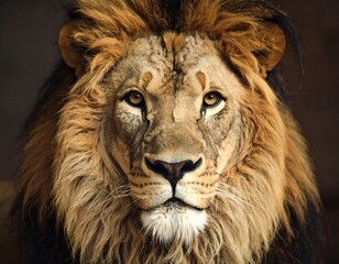 Majestic lion portrait, intense gaze, dark background