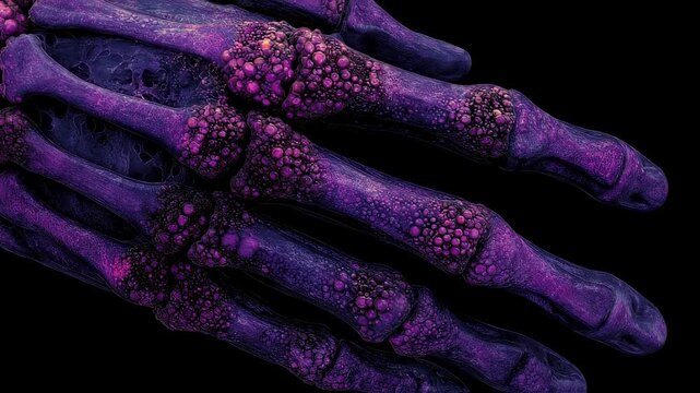 Medical visualization of purple skin necrosis and blistering along extremities caused by fulminant sepsis.