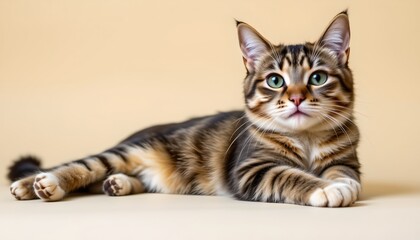 Obraz premium this is a photograph of a cat with striking green eyes, sitting upright and comfortably with its paws tucked under its body
