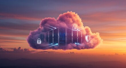 A cloud contains server racks and security symbols amidst a sunsetlike sky