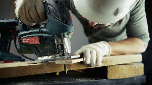 Craftsman cutting wood plank . Power tool , jigsaw saw