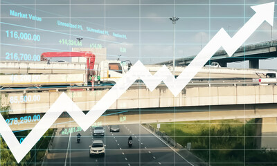 Stock financial index show successful investment on transportation and logistic industry growth data with graph and chart symbol on elevated superhighway infrastructure background.