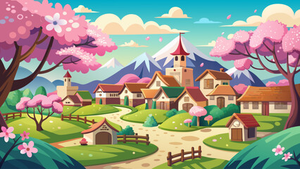 Fototapeta premium A peaceful village nestled among cherry blossom trees in full bloom during spring
