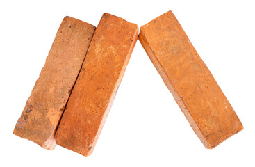 Side view of three cracked old red or orange bricks in stack isolated on white background with clipping path
