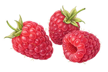 Three ripe raspberries isolated on transparent background