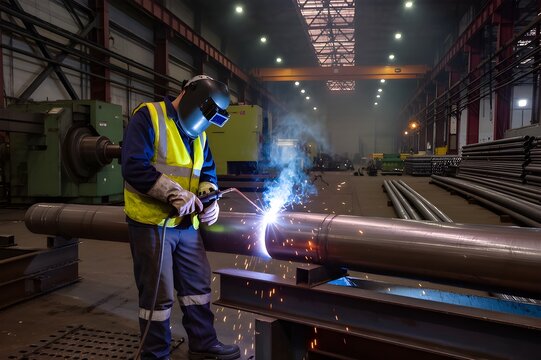 Industrial worker welding inside a large factory, wearing full safety gear and welding mask, welding sparks flying, machinery and pipes in the background, ambient workshop lighting with slight smoke.