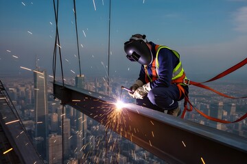welder working at high altitude on a steel beam, wearing full protective gear and welding mask, sparks flying, city skyline far below, dramatic perspective, clear blue sky