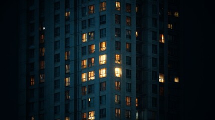 Night view of illuminated apartment building windows in urban high-rise.