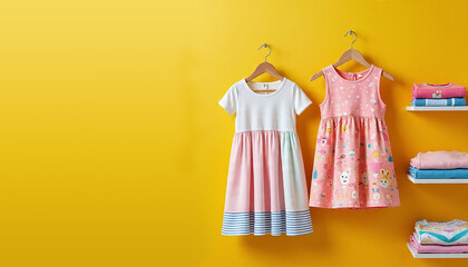 colorful dresses on hangers and on folded dresses on shelf on yellow background with space for text