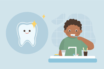 African american boy brushing teeth with toothpaste and tooth brush. Dental care. Proper teeth cleaning. Daily hygiene routines. Cute kid in bathroom. Symbol of healthy tooth