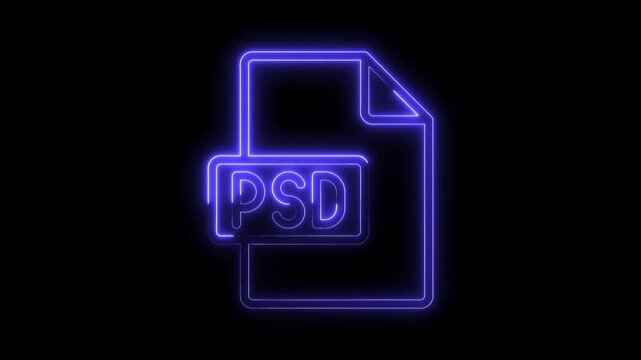Glowing blue neon P S D file icon symbol isolated on black background futuristic digital graphic design