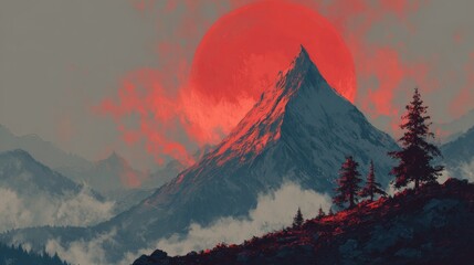 Majestic mountain peak with red sun over misty forest at twilight.