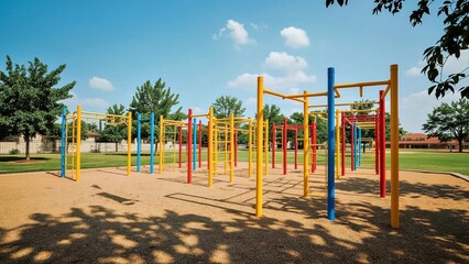 Fototapeta premium Calisthenics Park. Colorful playground equipment with monkey bars, sun