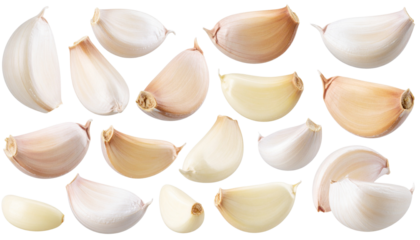 Collection of fresh garlic cloves, arranged and isolated on a flat, neutral background. Ideal for culinary designs, recipe illustrations