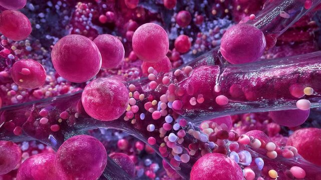 Microscope view of liver cells affected by enzyme deficiency exhibiting abnormal glycogen accumulation and thickened blood flow with acid fog.