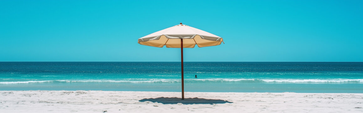 Beige Beach Umbrella on White Sand with Blue Ocean – Summer Coastal Scene - Powered by Adobe