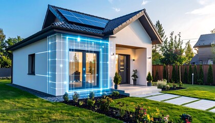 Modern home exterior with solar panels and a digitally imposed grid highlighting a section of the wall