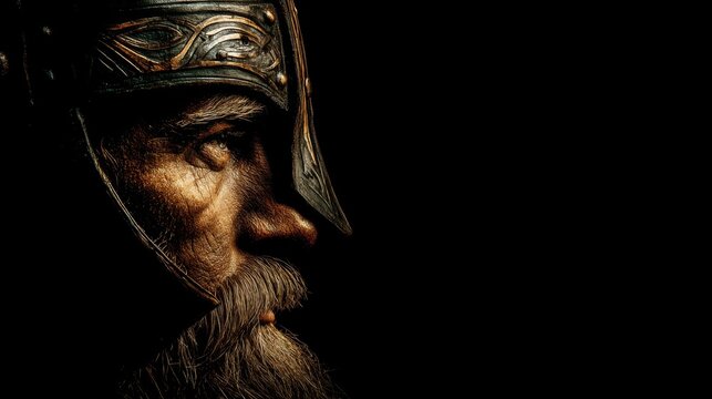Close-up of bearded warrior in ornate helmet facing right on black background.