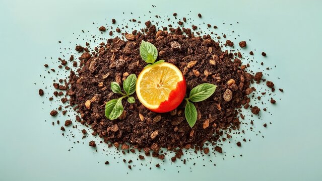 Compostable Packaging. Living Soil Caffeine scrub Sustainable materials Eating for mental health Caffeinated drink Voyage Foods Chamberlain Coffee Heart and NotCo Fresh lemon half green leaves surrou - Powered by Adobe