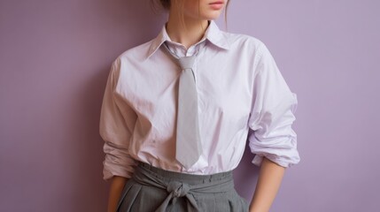 Stylish young woman in a gray tie and stylish outfit poses against a pastel purple background, showcasing modern fashion trends